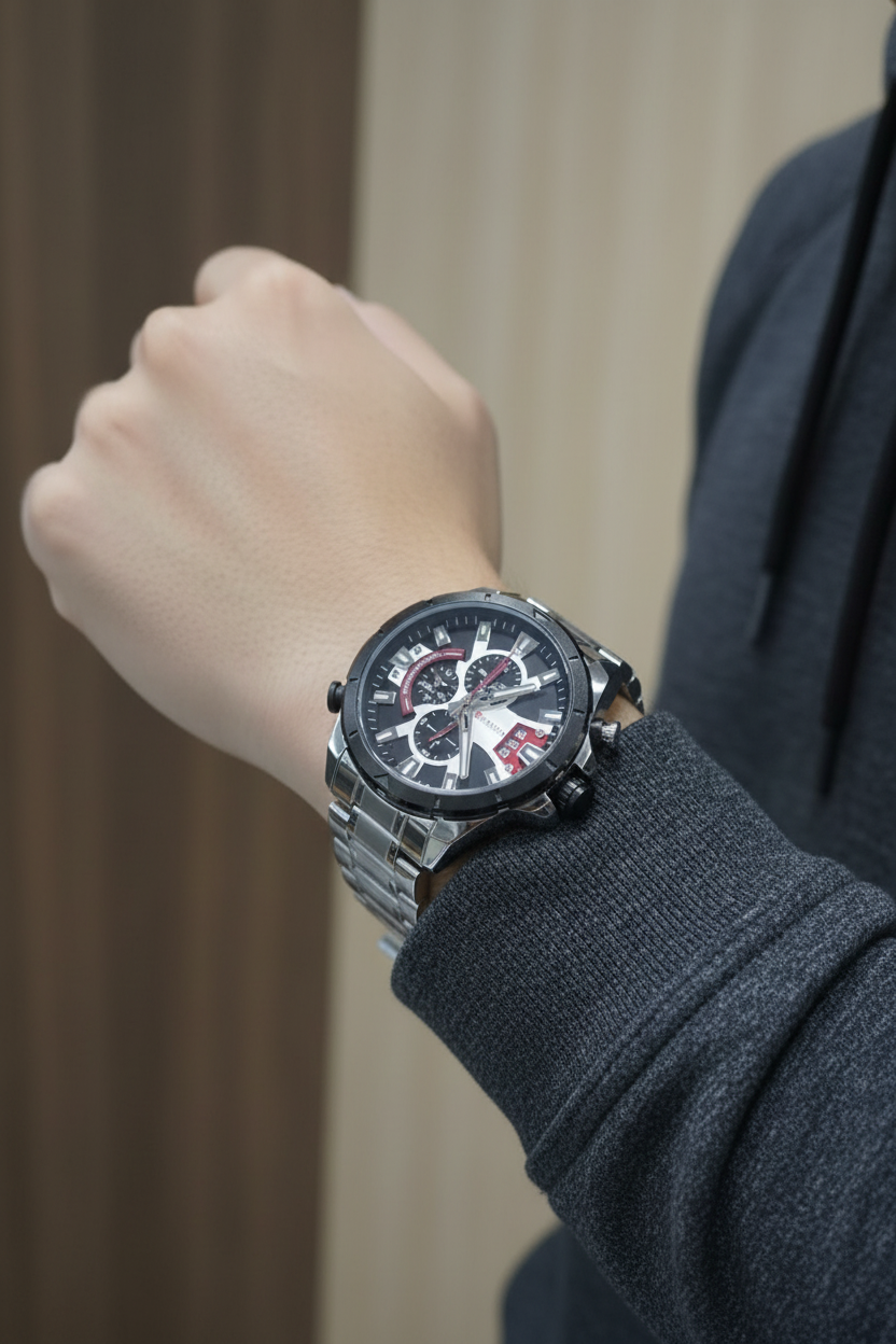 Reloj Curren bicolor plateado negro rojo en muñeca masculina