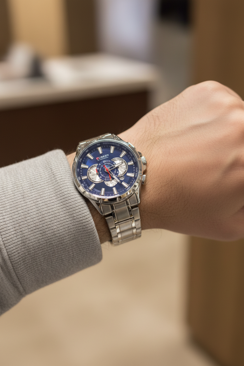 Reloj Curren plateado azul agujas rojas en muñeca masculina