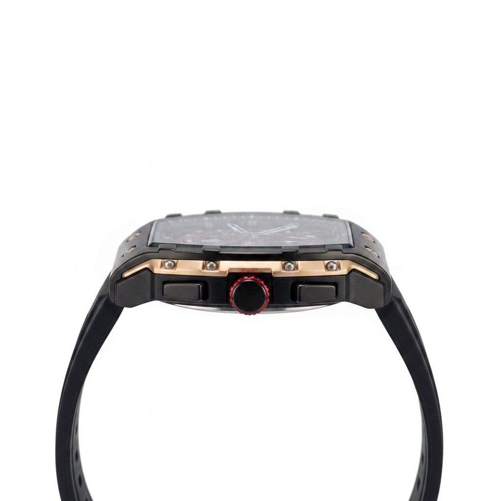 Reloj Curren tonneau negro – perfil lateral corona roja