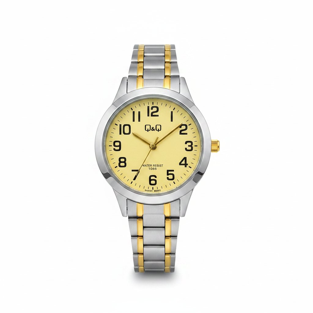 Reloj Q&Q bicolor crema - vista frontal con marca