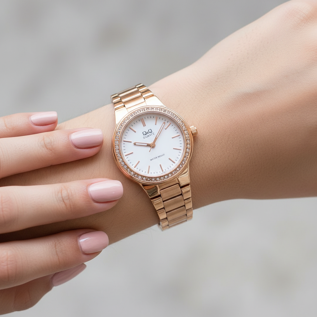 Reloj Q&Q rose gold presidente en muñeca femenina