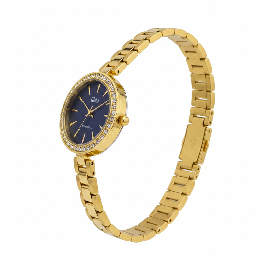 Reloj Q&Q azul dorado - vista lateral