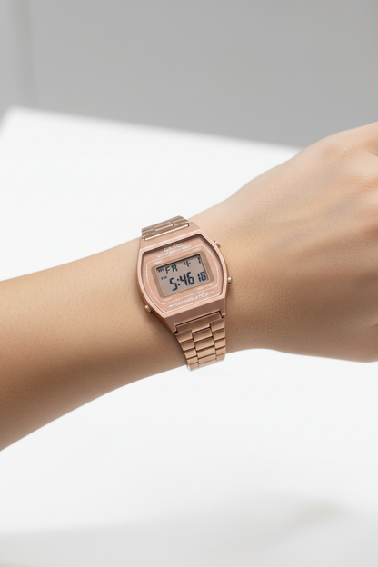 Reloj Casio digital oro rosa — muñeca femenina lifestyle
