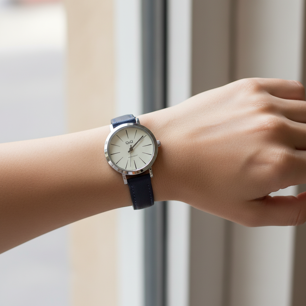 Reloj Q&Q minimalista azul marino en muñeca