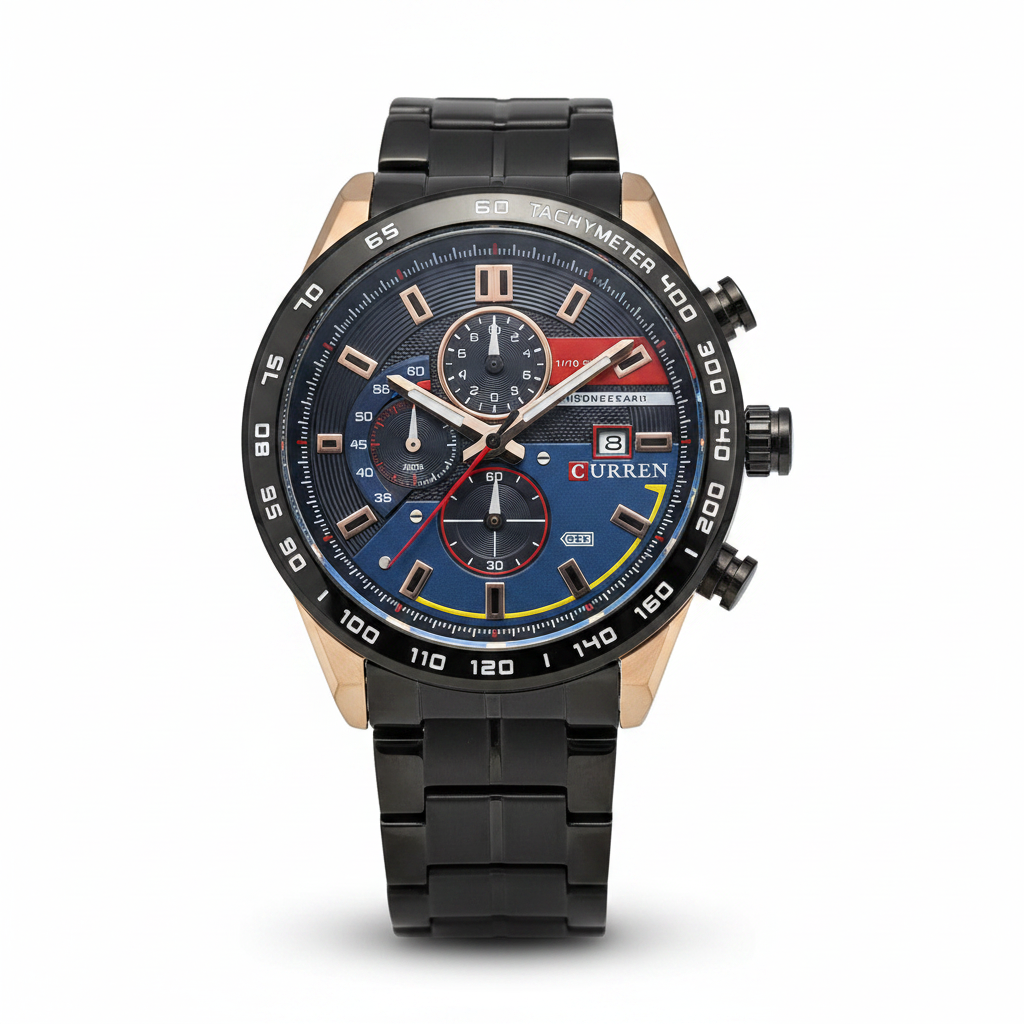 Reloj Curren negro azul rojo – frontal fondo blanco