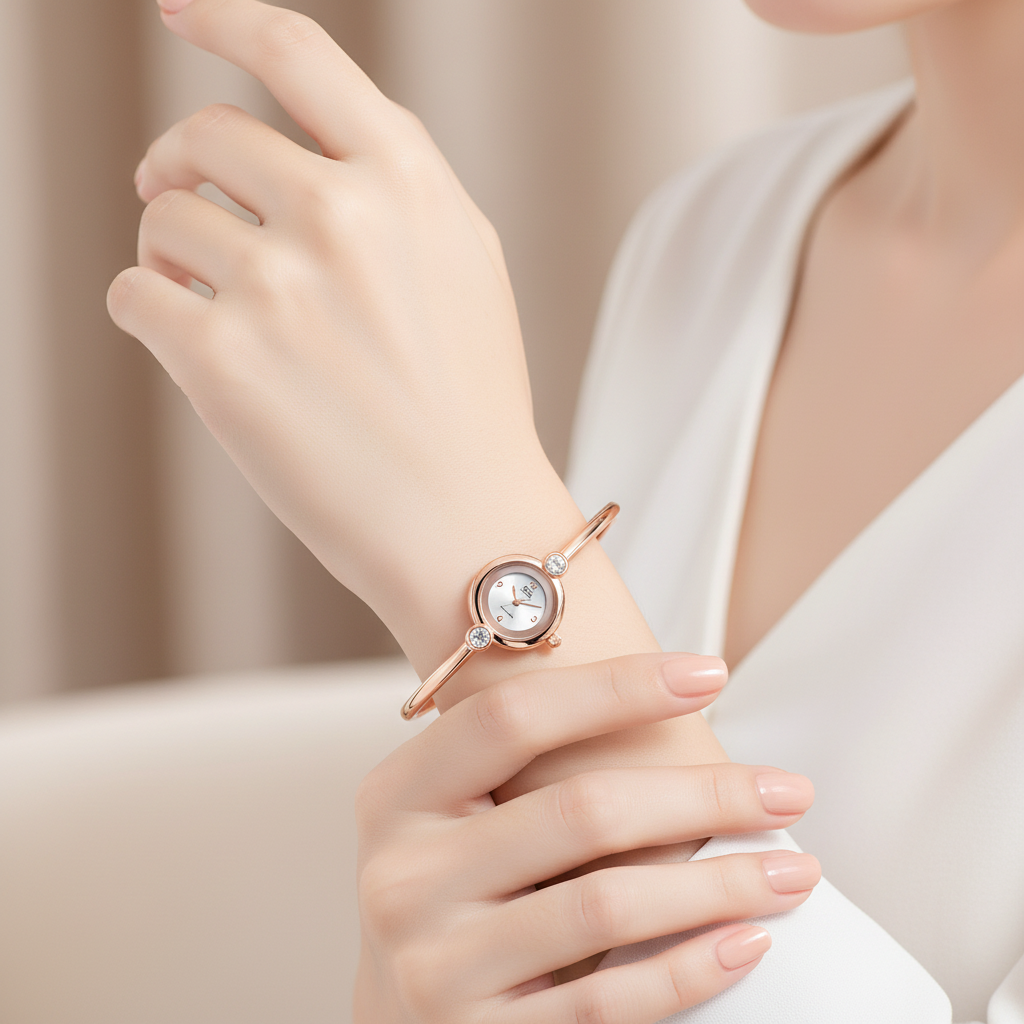 Reloj Q&Q rose gold bangle en muñeca femenina