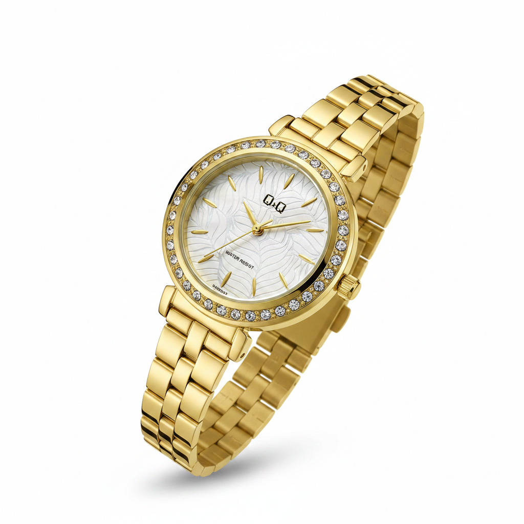 Reloj Q&Q nacarado dorado - vista diagonal