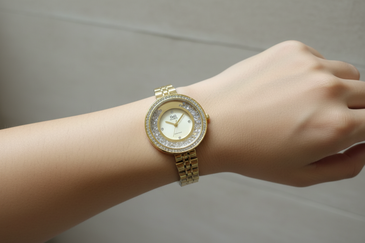 Reloj Q&Q Quartz dorado en muñeca femenina - lifestyle