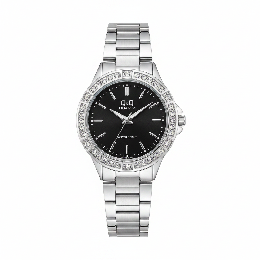 Reloj Q&Q plateado tablero negro cristales - vista frontal