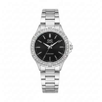 Reloj Q&Q plateado tablero negro cristales - vista frontal