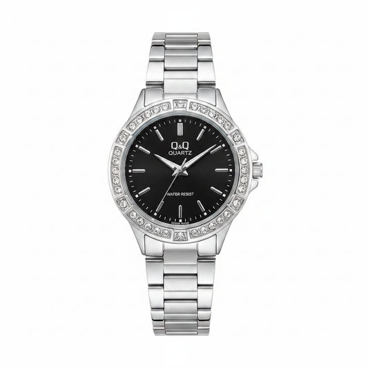 Reloj Q&Q plateado tablero negro cristales - vista frontal
