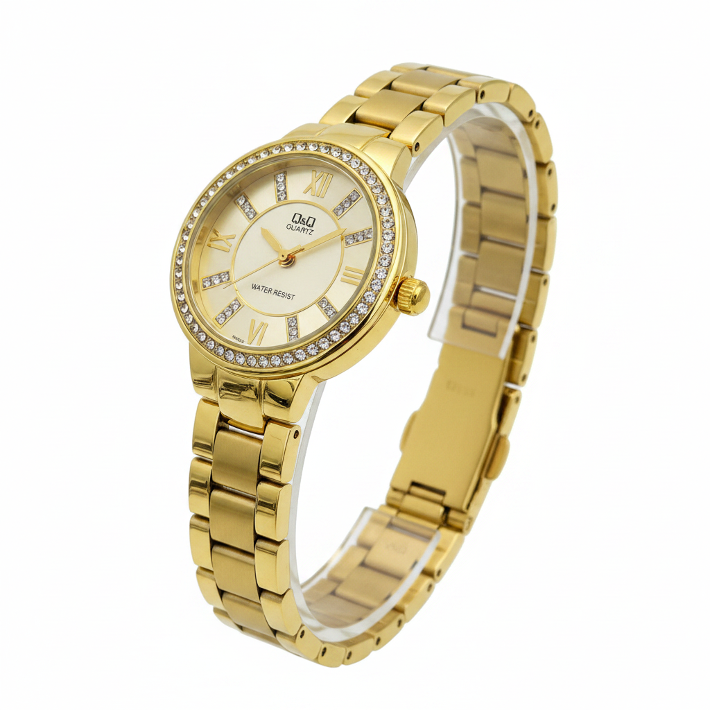Reloj Q&Q champagne numerales romanos - vista diagonal