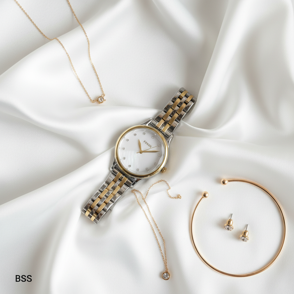 Reloj Fossil BSS Bicolor Blanco - Flat lay elegante