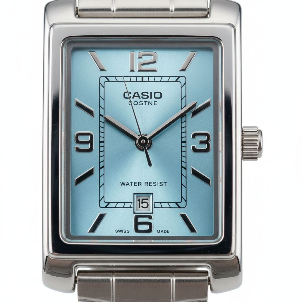 Reloj Casio rectangular — macro esfera números arábigos