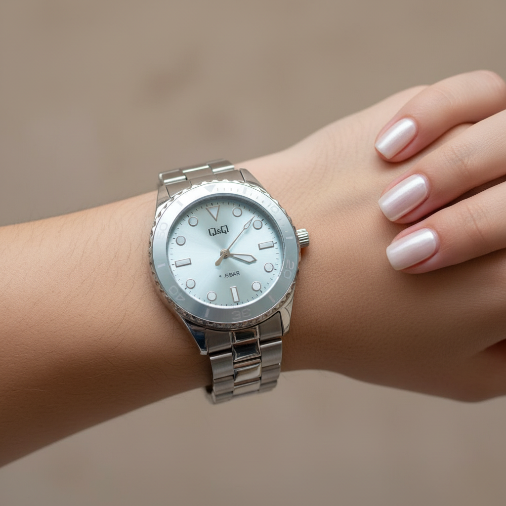 Reloj Q&Q escafandro azul hielo en muñeca femenina