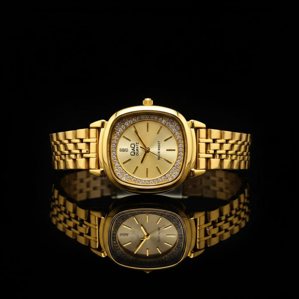 Reloj Q&Q dorado cuadrado - vista frontal fondo oscuro