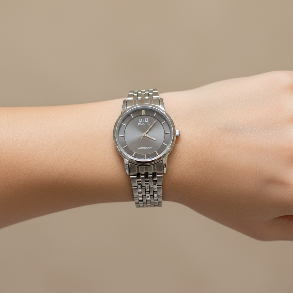 Reloj Q&Q gris antracita en muñeca femenina