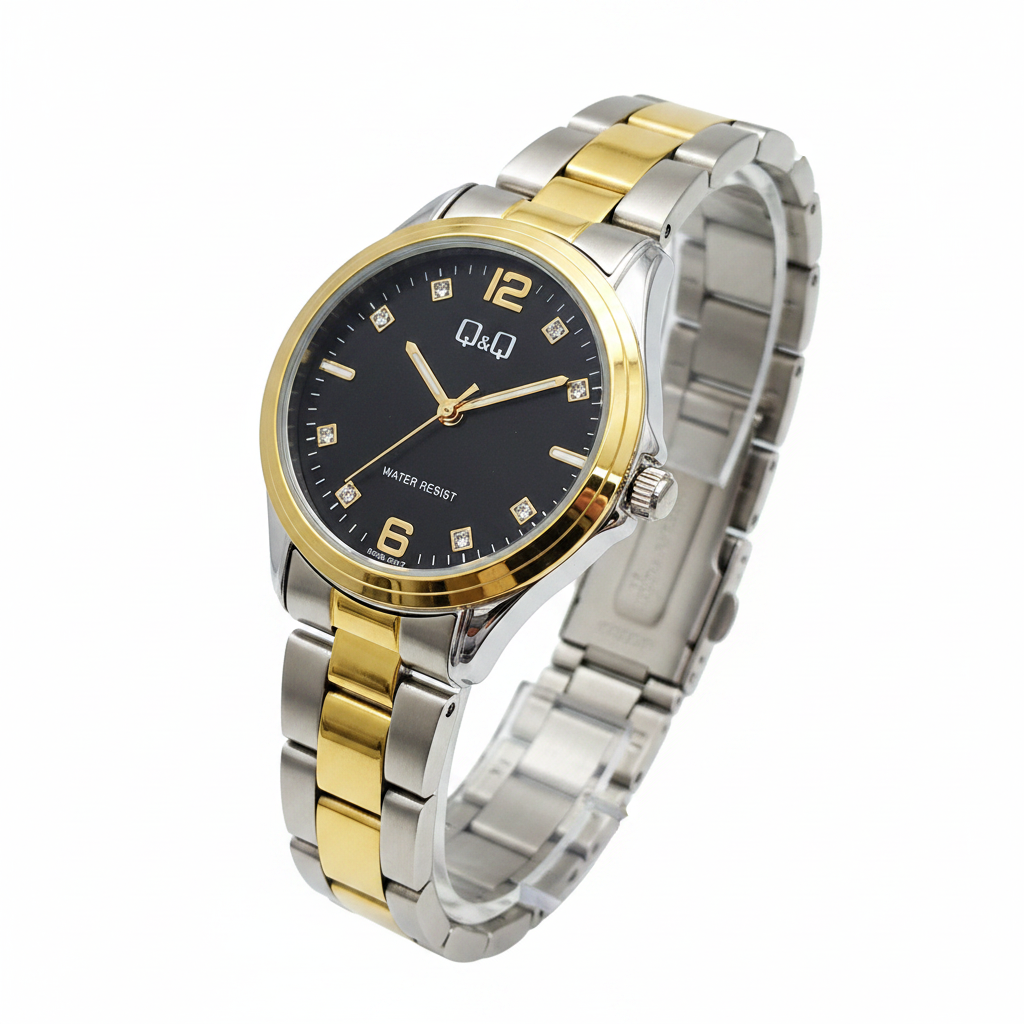 Reloj Q&Q bicolor negro cristales - vista diagonal