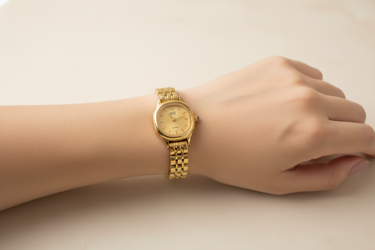 Reloj Q&Q dorado ovalado en muñeca femenina - lifestyle