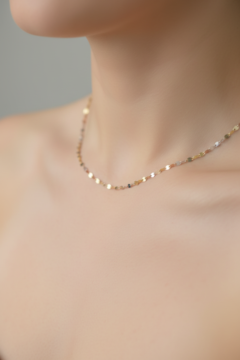 Cadena tricolor oro 18k en cuello femenino