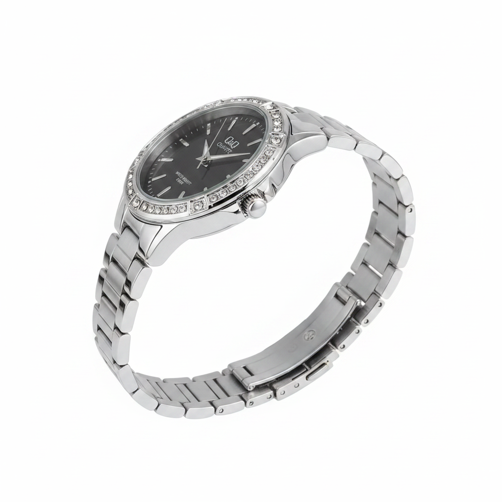 Reloj Q&Q plateado tablero negro cristales - vista lateral