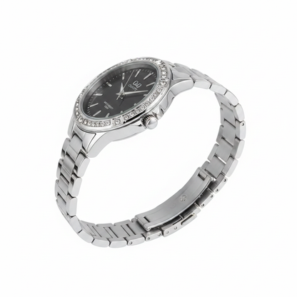 Reloj Q&Q plateado tablero negro cristales - vista lateral