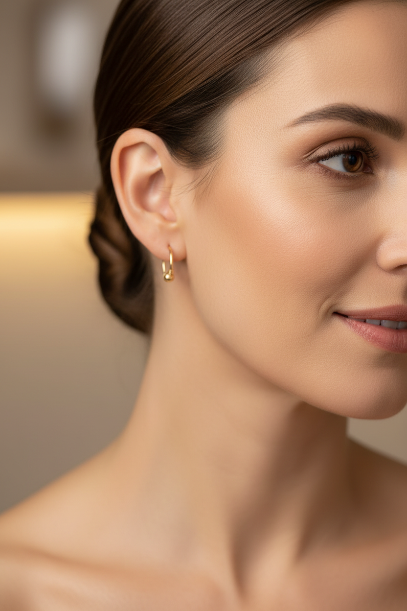 Candonga oro bolita 18k en rostro femenino
