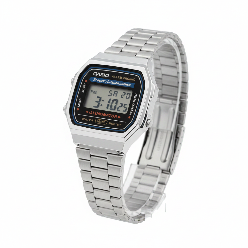 Reloj Casio retro plateado — ángulo 45 grados brazalete