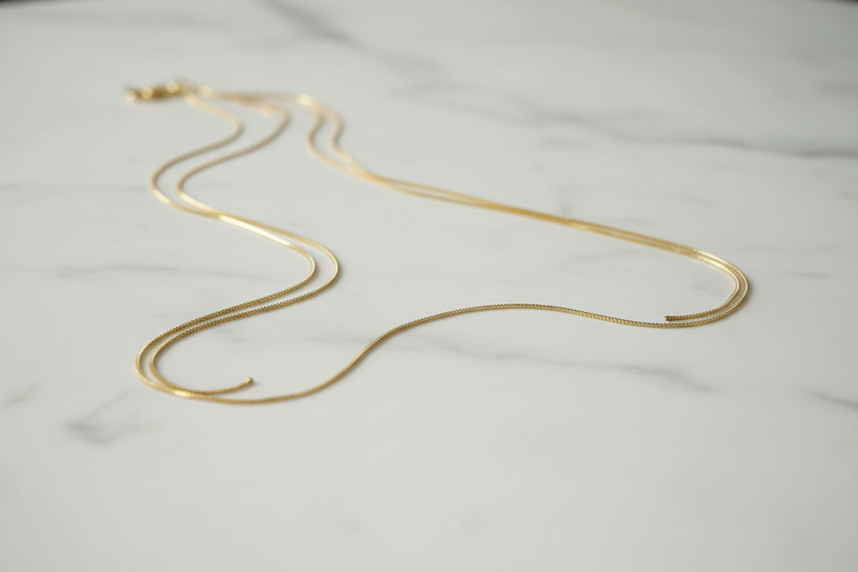 Cadena lisa oro 18k sobre mármol blanco