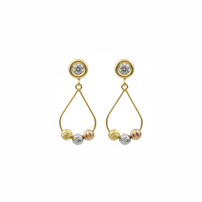 Aretes colgantes tricolor oro 18k fondo blanco