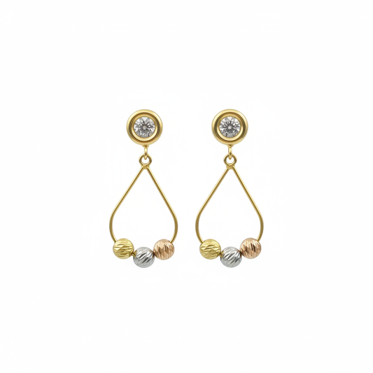Aretes colgantes tricolor oro 18k fondo blanco