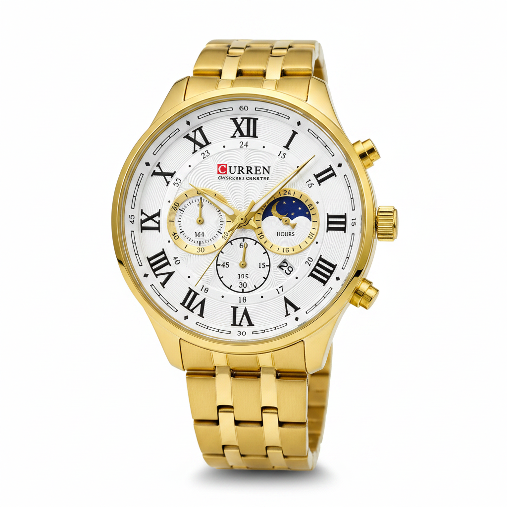 Reloj Curren dorado fase lunar – frontal fondo blanco