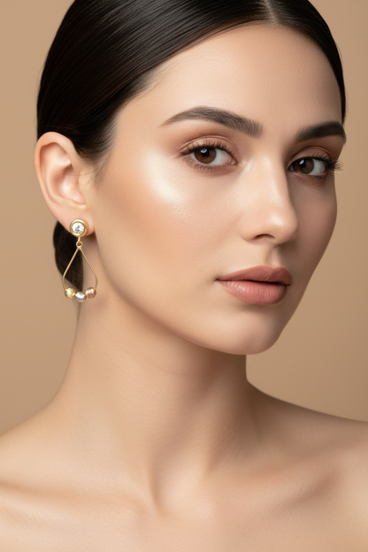 Aretes colgantes tricolor oro 18k en rostro femenino