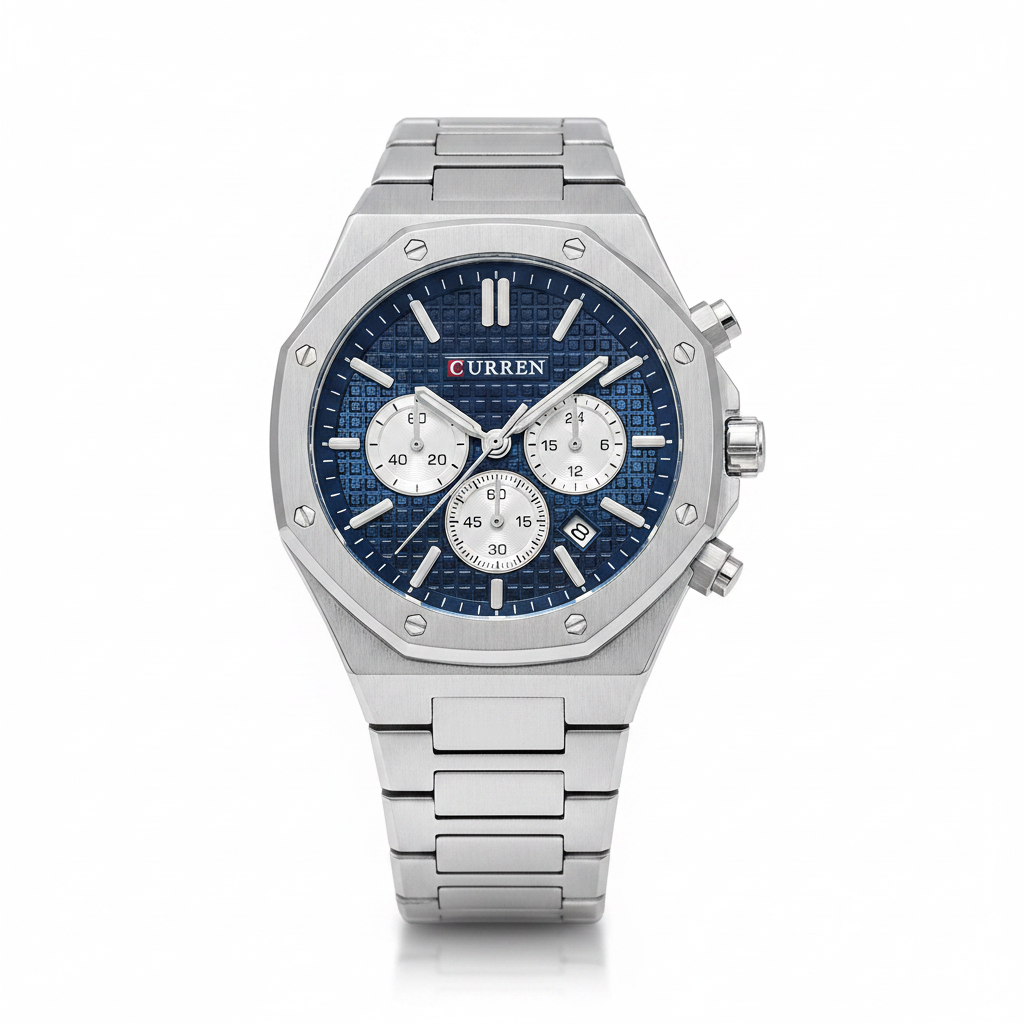 Reloj Curren octagonal azul – frontal fondo blanco