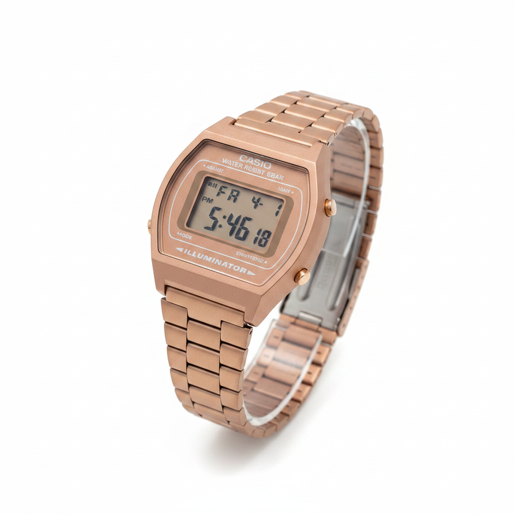 Reloj Casio digital oro rosa — ángulo 45 grados brazalete