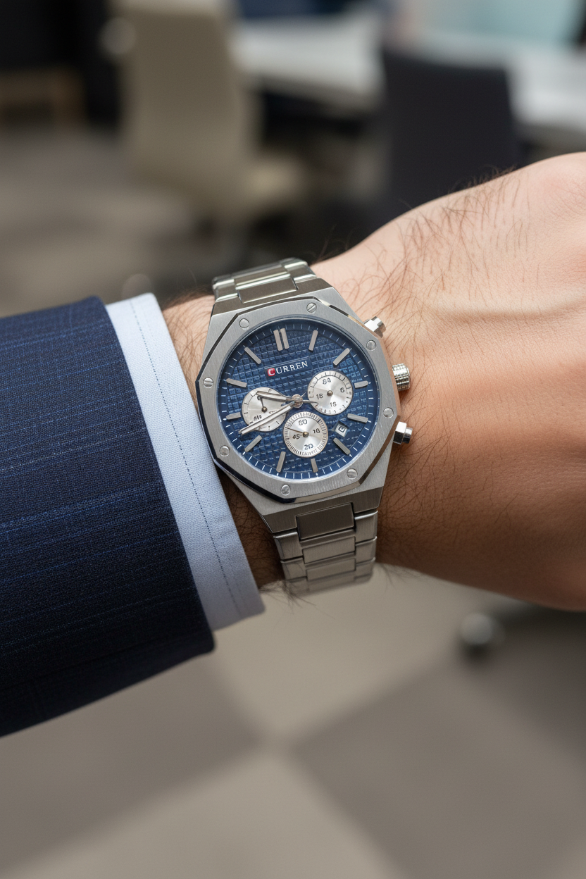 Reloj Curren octagonal azul en muñeca masculina