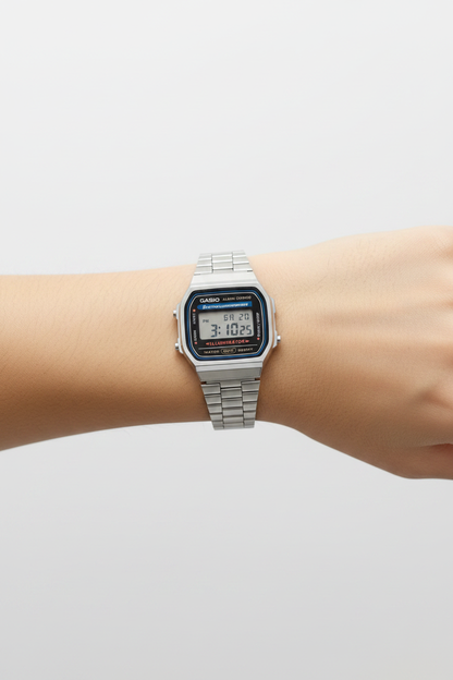 Reloj Casio retro plateado — muñeca femenina lifestyle