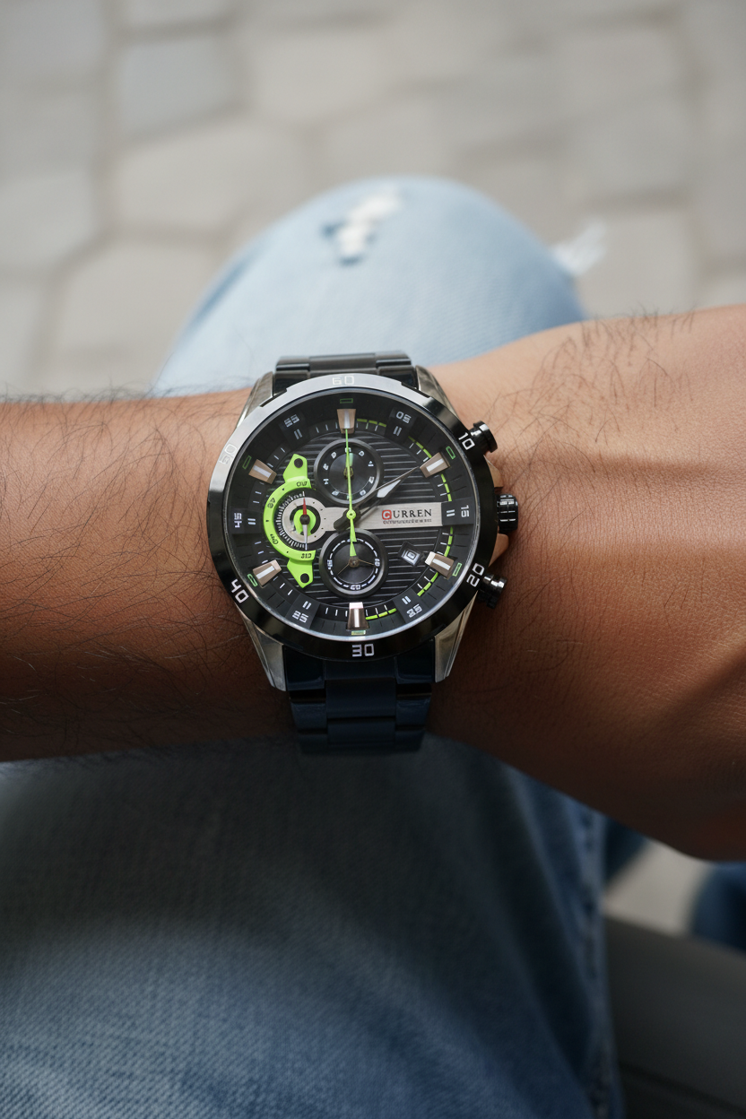 Reloj Curren Chronograph negro verde en muñeca masculina
