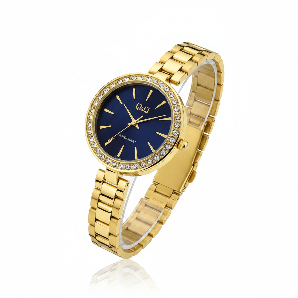 Reloj Q&Q azul dorado - vista diagonal