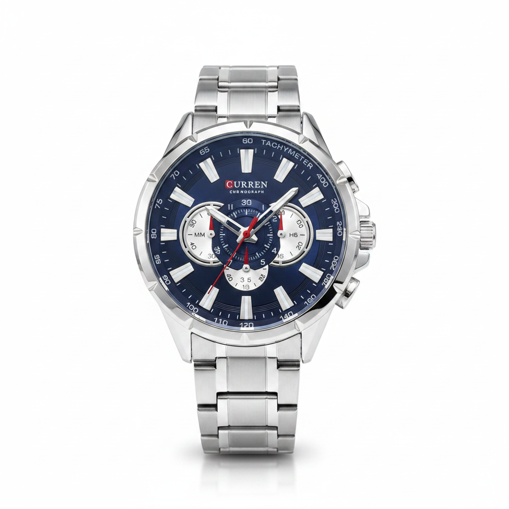 Reloj Curren plateado azul agujas rojas – frontal fondo blanco