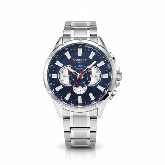 Reloj Curren plateado azul agujas rojas – frontal fondo blanco