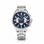 Reloj Curren plateado azul agujas rojas – frontal fondo blanco