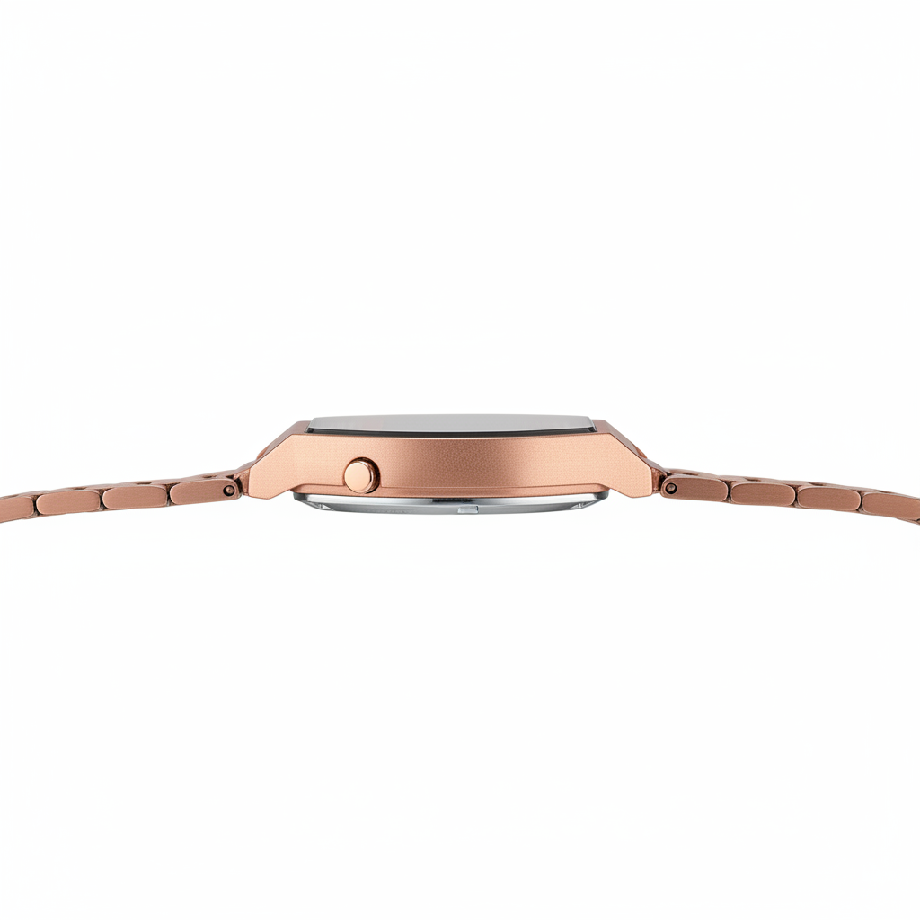 Reloj Casio digital oro rosa — perfil lateral
