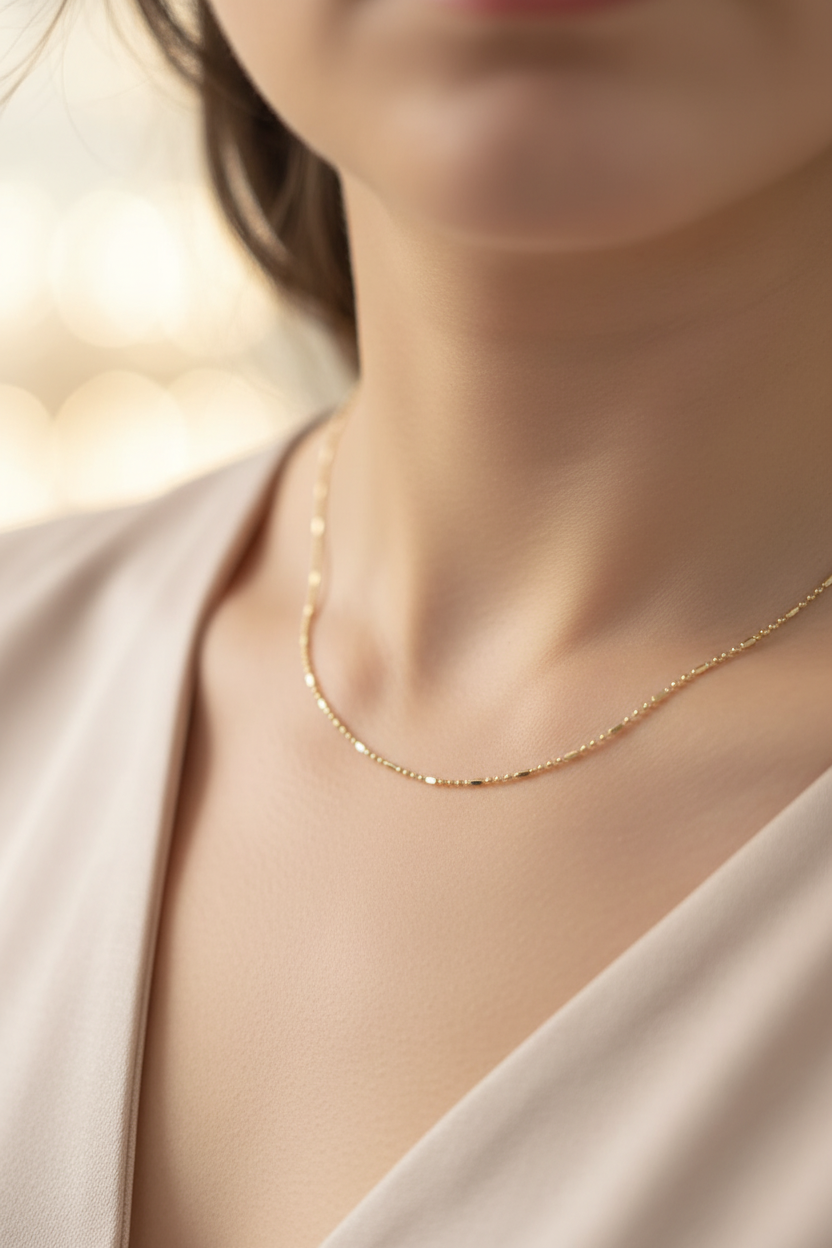 Cadena bolita barra oro 18k dama - puesta en cuello femenino