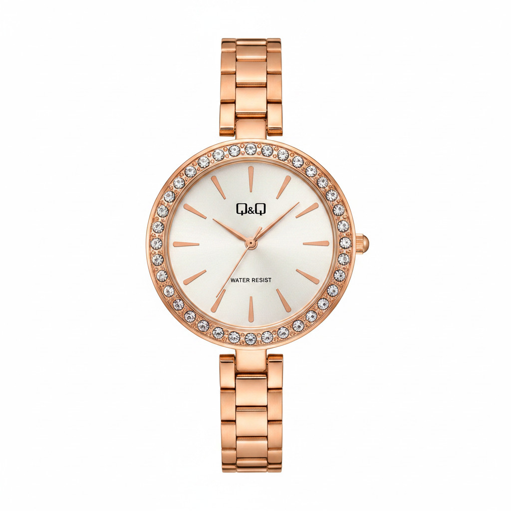 Reloj Q&Q rose gold - vista frontal logo negro