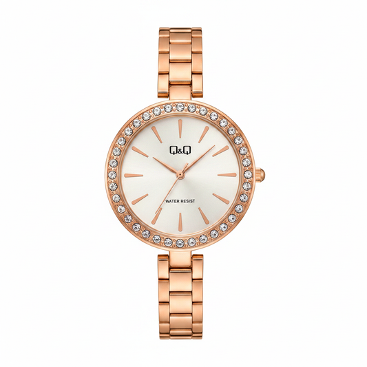 Reloj Q&Q rose gold - vista frontal logo negro