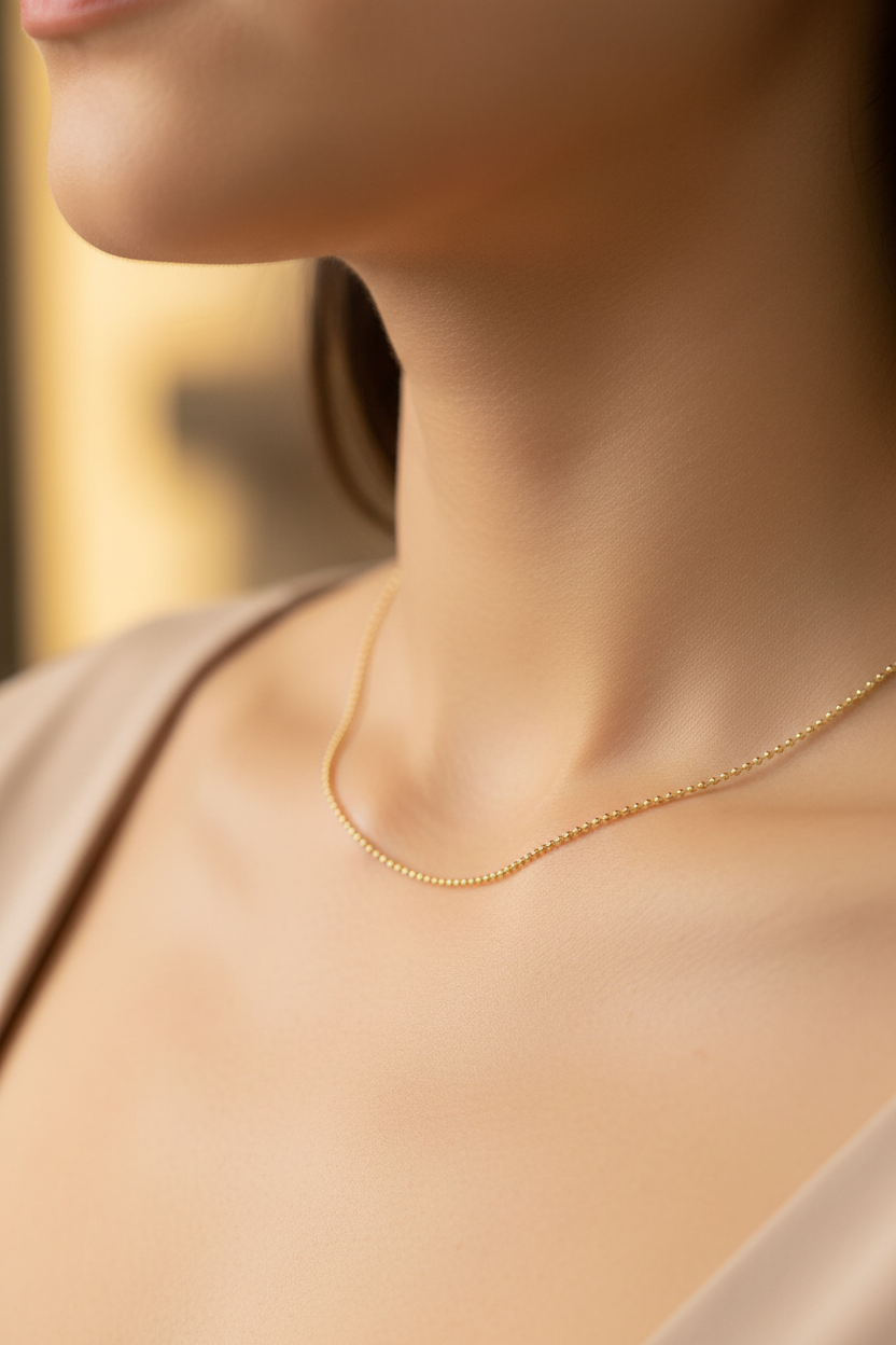 Cadena Bola Oro 18K Dama lifestyle en cuello