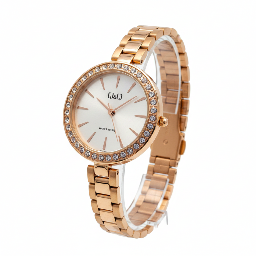 Reloj Q&Q rose gold - vista 3/4 logo negro
