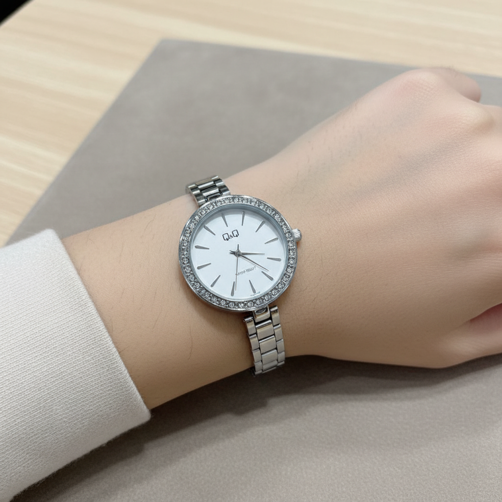 Reloj Q&Q plateado blanco en muñeca femenina