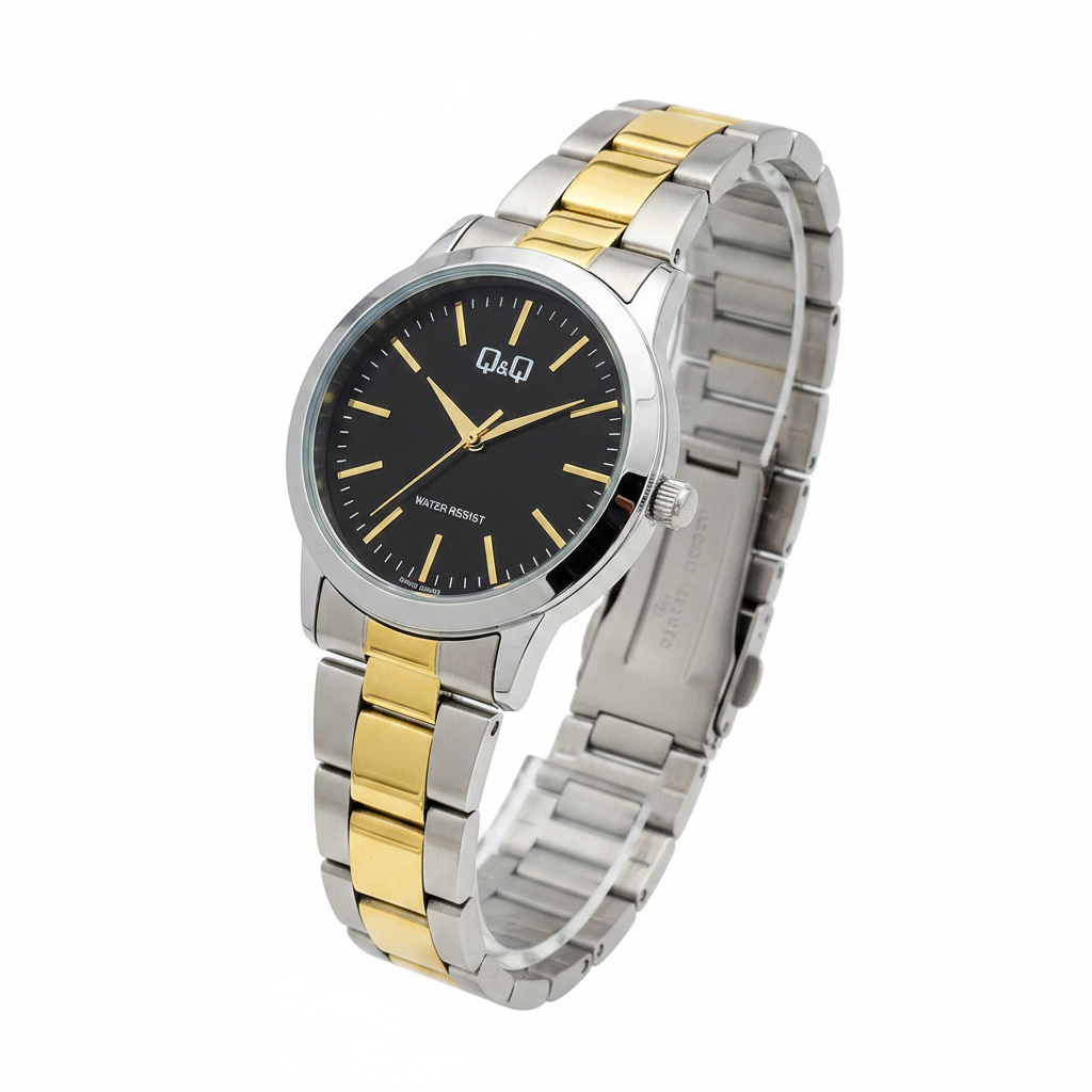 Reloj Q&Q bicolor negro dorado - vista diagonal